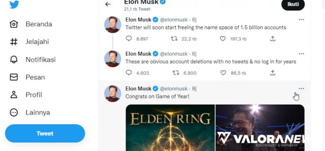 Tangkapan layar akun twitter Elon Musk.