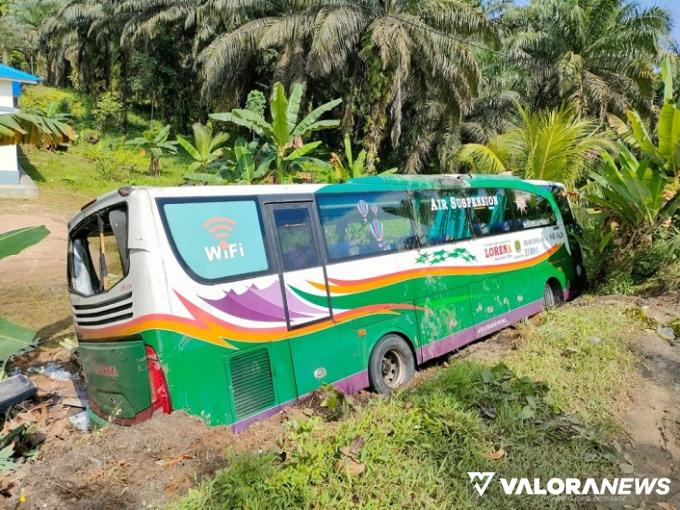 Kondisi bus AKAP dengan merek dinding Lorena yang alami kecelakaan tunggal di Jalan Lintas Timur, Kecamatan Lirik, Kabupaten Indragiri Hulu, Jumat malam. (humas)