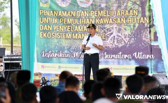 Pj Gubernur Sumut, Hassanudin berikan arahan pada aksi menanam bibit mangrove di kawasan wisata mangrove Lubuk Kertang, Kabupaten Langkat, Kamis. (humas)