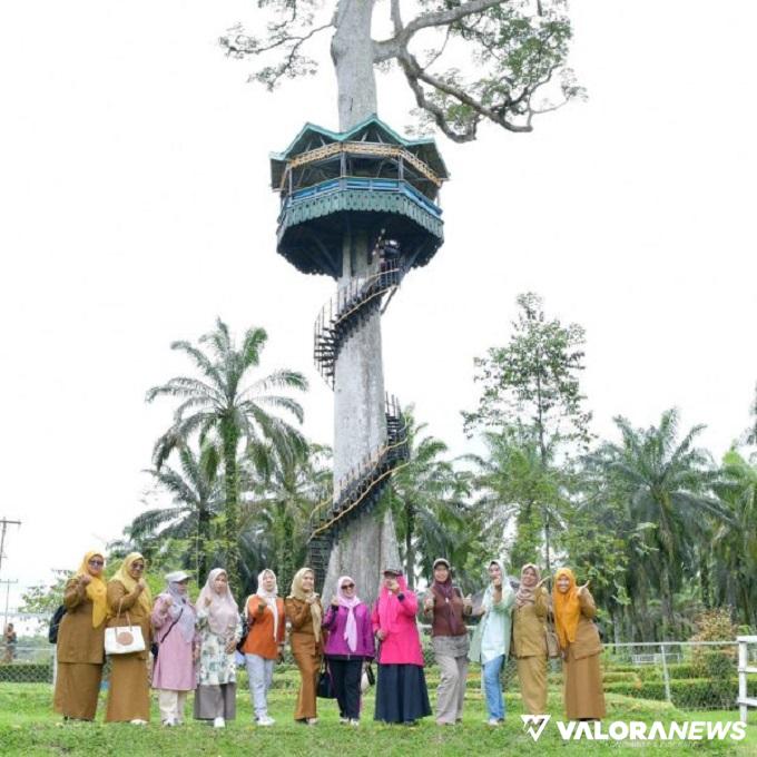 Ketua TP PKK Agam, Yennita dan rombongan, saat mengunjungi rumah pohon di areal perkebunan PT AMP II di Kecamatan IV Nagari, Senin. (humas)