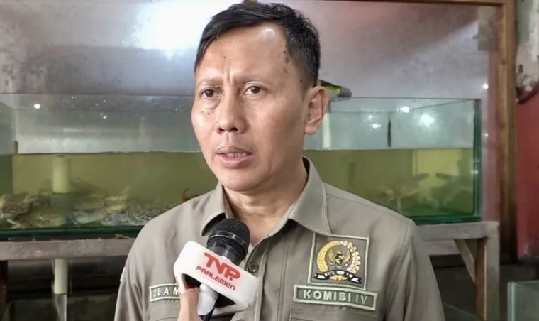Anggota Komisi IV DPR RI, Slamet, saat diwawancarai disela Kunjungan Kerja Spesifik Komisi IV DPR RI ke pagar laut di perairan Tangerang, Desa Tanjung Pasir, Kabupaten Tangerang, Banten, Rabu. (humas)