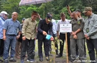 Gubernur Sumbar, Mahyeldi didampingi Mahfudz (Plt Sekjen Kementrian Kehutanan), Yozawardi (Pj Sekdaprov Sumbar) dan jajaran, melakukan penanaman pohon di kawasan Lembah Anai, Sabtu. (humas)