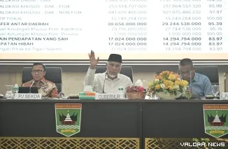 Gubernur Sumbar, Mahyeldi memberikan arahan sekaitan upaya menambah sumber PAD pada rapat evaluasi terkait capaian target pendapatan 2024 dan kajian potensi serta inovasi untuk pendapatan tahun 2025, di aula kantor gubernur Sumbar, Ahad. (humas)
