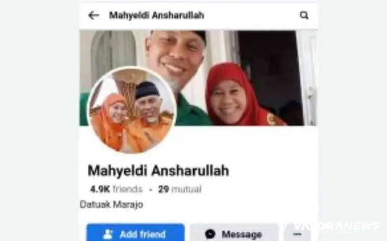 Tangkapan layar akun facebook palsu atas nama Gubernur Sumbar, Mahyeldi.