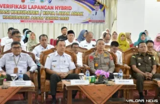 Wakil Bupati Agam, Muhammad Iqbal dan Forkopimda, dalam acara verifikasi Lapangan Hybrid Evaluasi Kabupaten Layak Anak (KLA) Tahun 2025 yang digelar secara daring dan luring di aula kantor bupati Agam, Selasa. (humas)