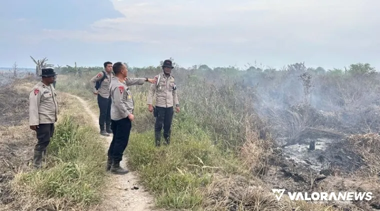 Personel Polri tengah memadamkan api Karhutla di kecamatan Simpang Kanan, Kabupaten Rokan Hilir. (humas)