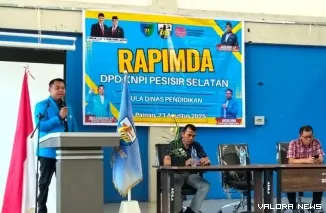 Joni Wal Ardin, Ketua DPD KNPI Pessel, di Rapimda ke - XV, di Gedung Pertemuan Kantor Dinas Pendidikan & Kebudayaan setempat, di Painan, Kecamatan IV Jurai, Sabtu (23/8/2025). FOTO: tusrisep