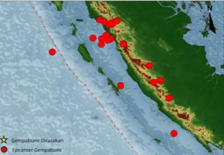 Peta sebaran gempa yang terjadi di Sumbar selama sepekan. (Dok. BMKG Padang Panjang)