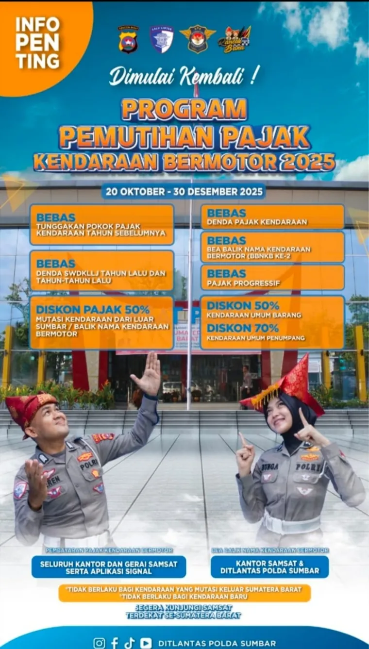 Direktorat Lalu Lintas (Ditlantas) Polda Sumbar resmi meluncurkan Program Pemutihan Pajak Kendaraan Bermotor Tahun 2025 yang berlangsung mulai 20 Oktober hingga 30 Desember 2025. (Ist)