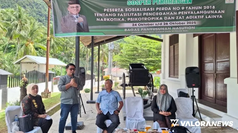 Anggota DPRD Sumbar, Bagas Panyusunan Nasution sosialisasikan Perda tentang Fasilitasi Pencegahan Penyalahgunaan Narkotika, Psikotropika, dan Zat Adiktif Lainnya, di Kecamatan Talawi, Kota Sawahlunto, Jumat pagi. (humas)