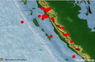 Peta sebaran gempa yang terjadi di Sumbar selama sepekan. (Dok. BMKG Padang Panjang)