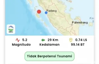Gempa magnitudo 5,2 barat daya Agam Sumatera Barat