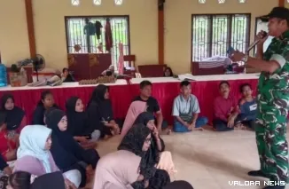 Satgas TMMD Kodim 0311/Pessel, menggelar sosialisasi mitigasi bencana, di Nagari Koto Berapak, Bayang, Pesisir Selatan, Senin 16 Februari 2026. FOTO: Dok Kodim 0311/Pessel