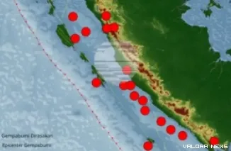 Peta sebaran gempa di Sumbar selama sepekan terakhir.