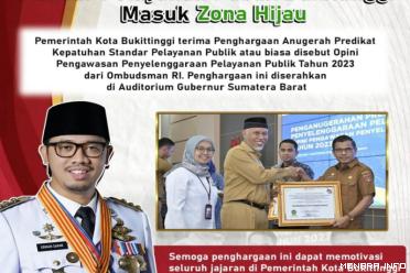 Bukitinggi raih penghargaan dari ombudsman RI, dalam standar pelayanan publik.