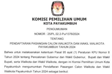 Pengumuman Pendaftaran Pasangan Calon Walikota dan Wakil Walikota Kota Payakumbuh Tahun 2024