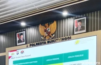 Kapolresta Bukittinggi Kombes Pol. Ruly Indra Wijayanto, S.I.K, M.Si saat paparan press realease akhir tahun 2025, di Aula Mapolresta Bukittinggi, Rabu (31/12)