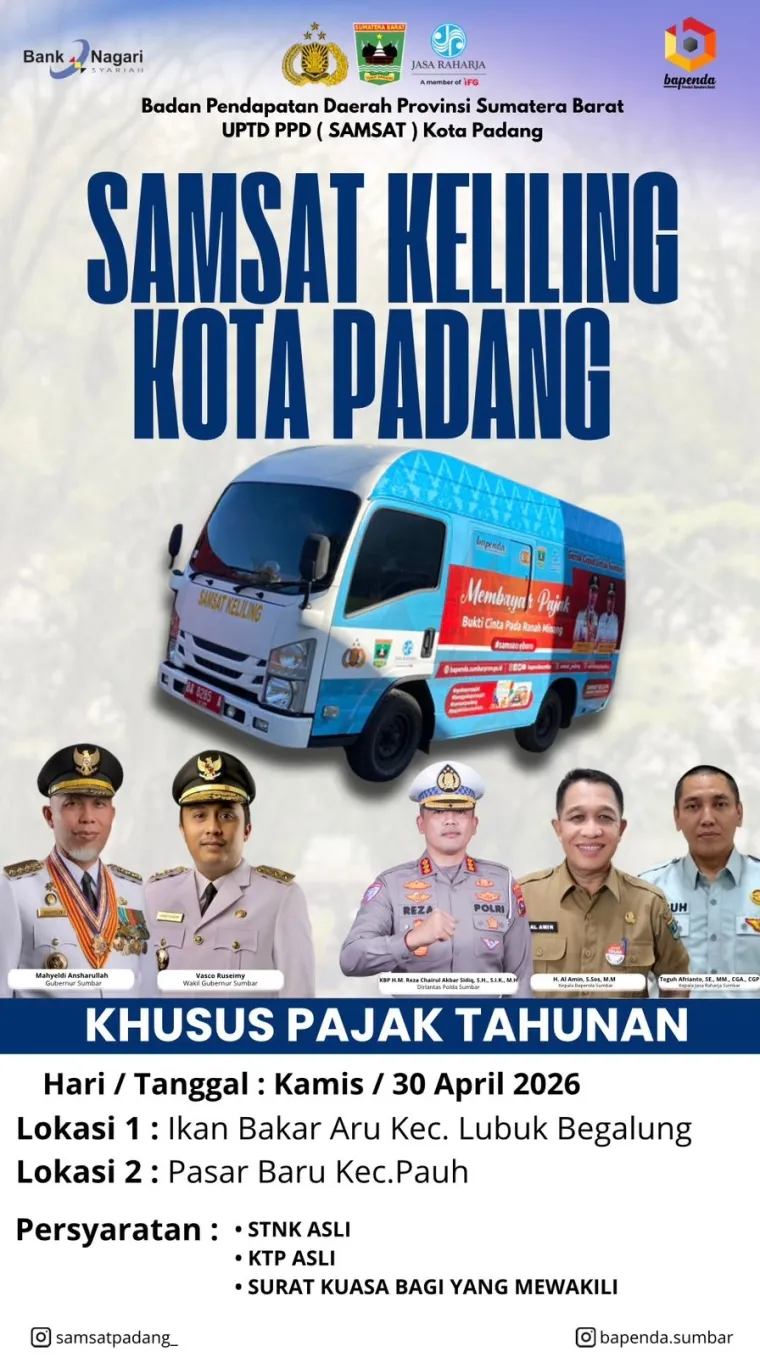 Lokasi Layanan Samsat Keliling Kota Padang, Kamis (30/4/2026)