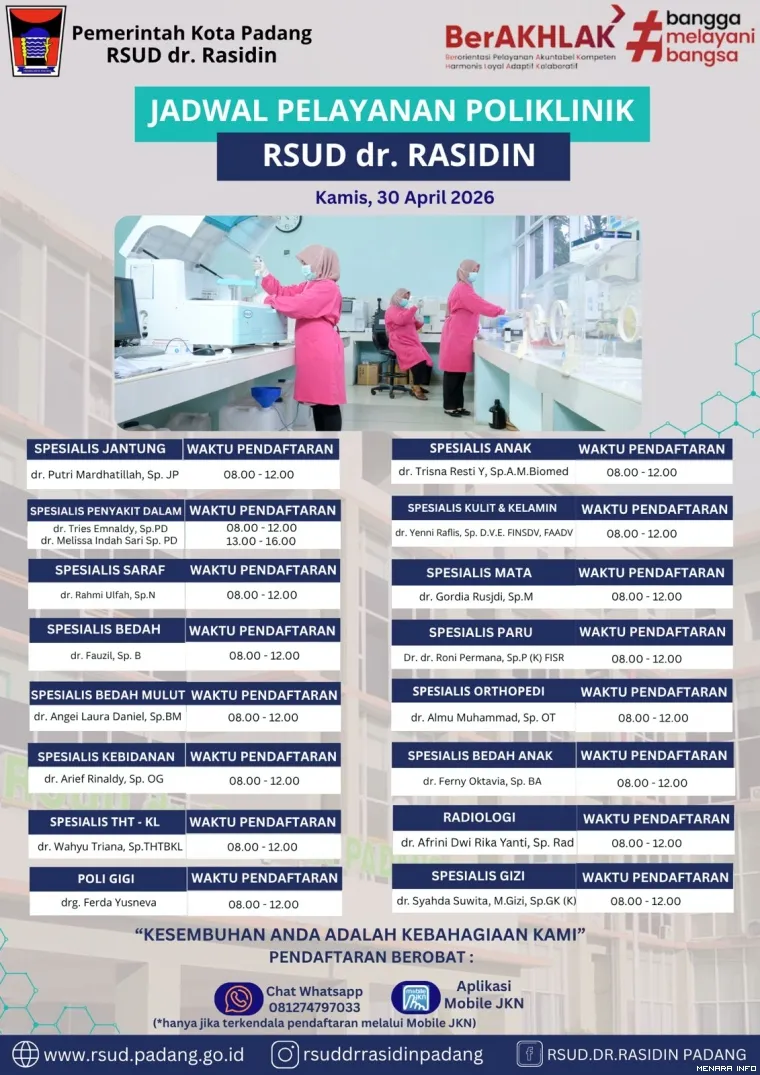 Jadwal Poliklinik RSUD dr RASIDIN Padang, Kamis (30/4/2026)