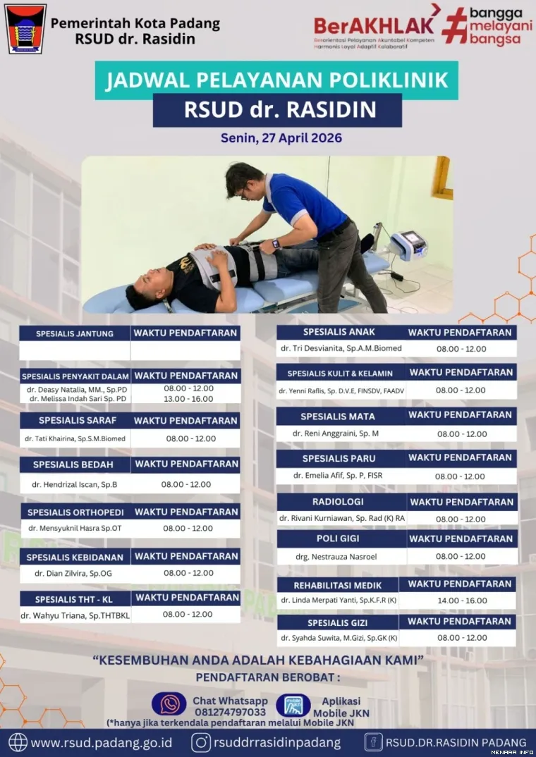Daftar Poliklinik dan Dokter di RSUD dr RASIDIN Padang, Senin (4/5/2026)