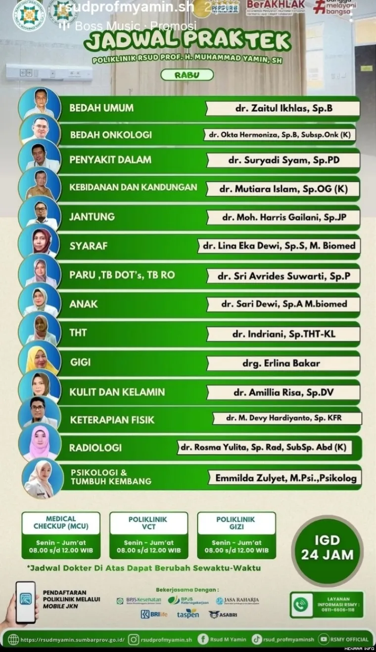 Jadwal Pelayanan Dokter di RSMY, Rabu (13/5/2026)