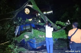 Personel BPBD Padang, mengevakuasi dahan pohon yang menimpa 1 unit pikap di Jl Bypass depan toko Mr DIY, Jumat malam. (humas)