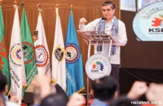 Menteri Ketenagakerjaan, Yassierli bicara angkatan kerja dan dinamika ekonomi global pada Rapat Kerja Nasional (Rakernas) Konfederasi Serikat Pekerja Indonesia (KSPI) 2026 di Jakarta, Selasa. (humas)