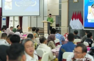 Gubernur Sumatera Barat, Mahyeldi berikan sambutan pada Entry Meeting Penilaian Maladministrasi Penyelenggaraan Pelayanan Publik Tahun 2026 yang digelar Ombudsman RI di Auditorium Gubernur Sumbar, Kamis. (humas)