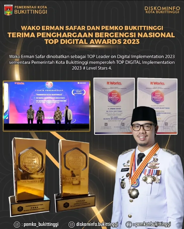 Erman Safar dan Pemko Bukittinggi Terima Penghargaan TOP DIGITAL Awards 2023