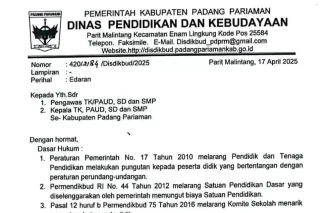 Dinas Pendidikan Padang Pariaman Larang Sekolah Pungut Biaya dalam Bentuk Apapun