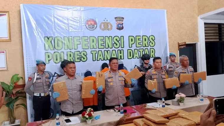 Wakapolres Tanah Datar Yulandi didampingi Kasatres Narkoba M. Arvi melihatkan barang bukti Ganja di Mapolres Tanah Datar.
