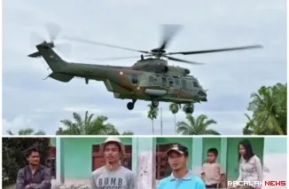 Paket logistik dikirim menggunakan Helikopter ke Nagari Sipinang, Kecamatan Palembayan, Minggu (30/11/2025). Foto Anizur